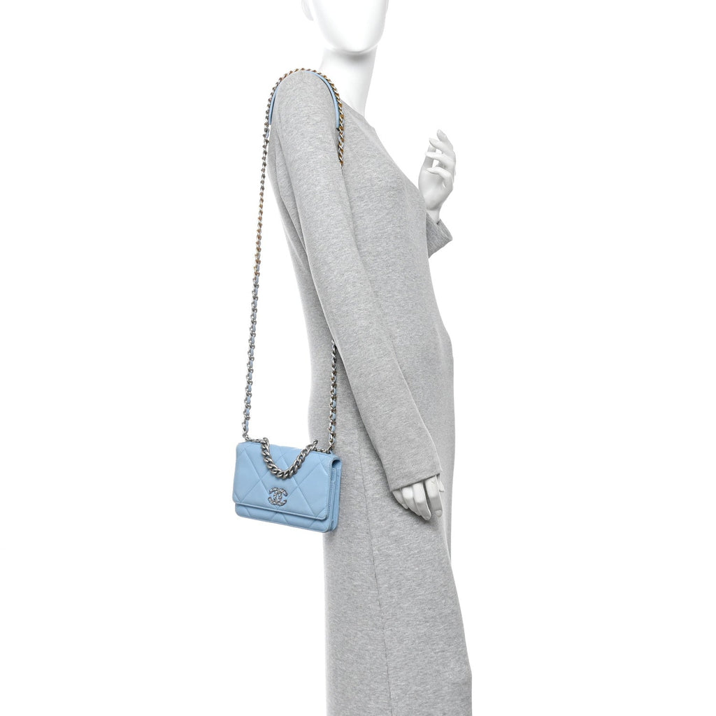 Lambskin Quilted Chanel 19 Wallet On Chain WOC Light Blue