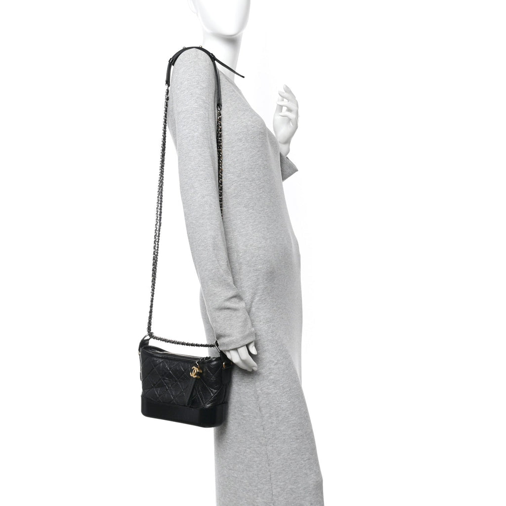 Aged Calfskin Quilted Small Gabrielle Hobo Black