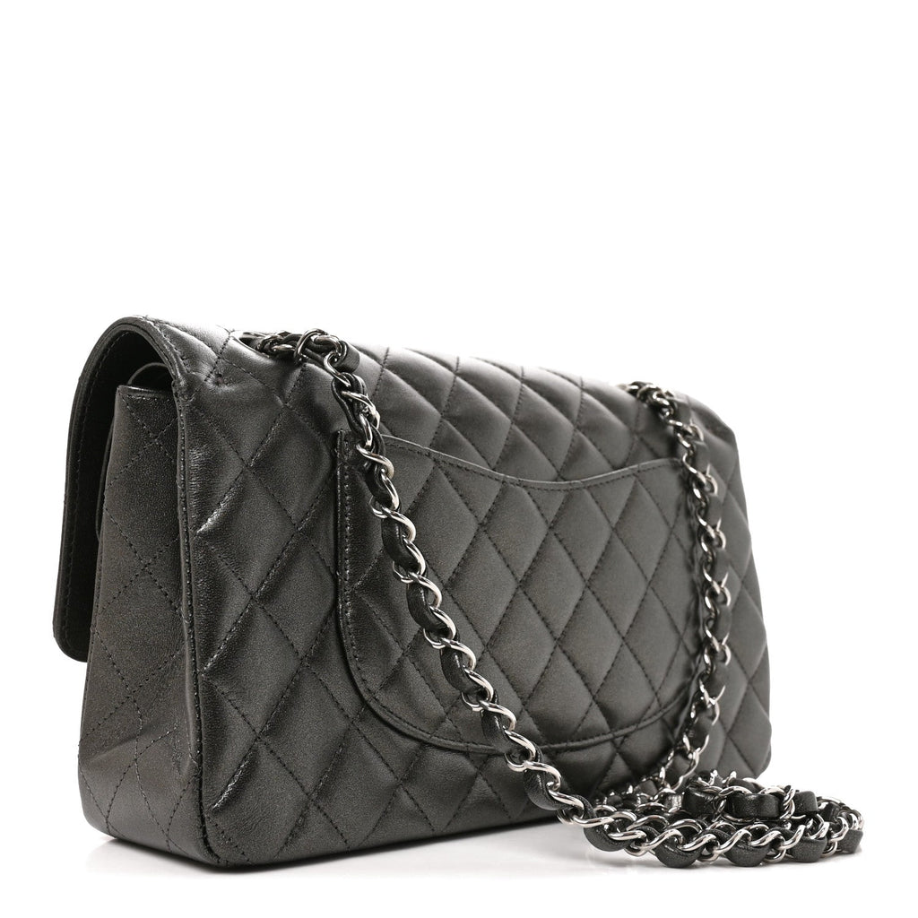 Metallic Lambskin Quilted Medium Double Flap Anthracite