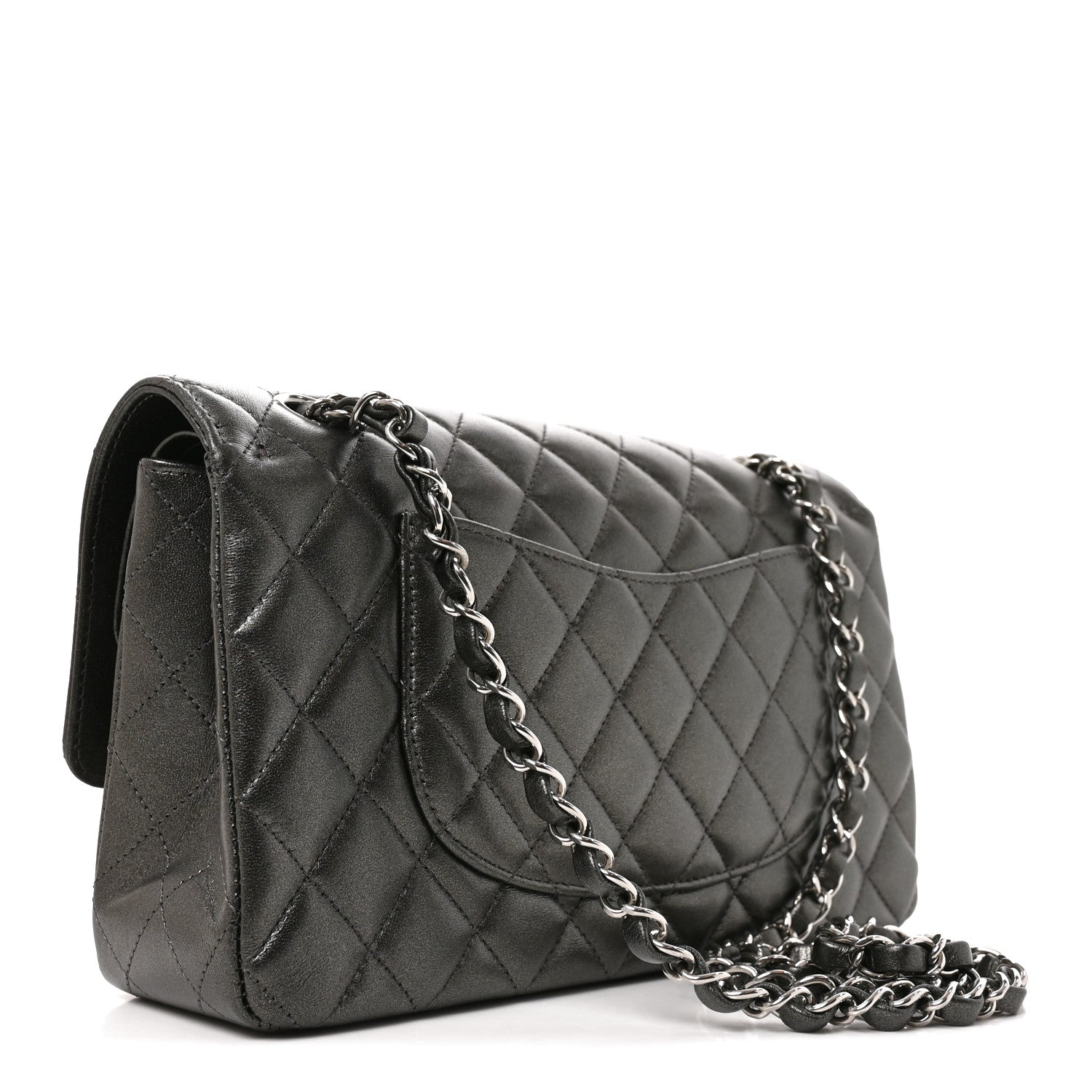Metallic Lambskin Quilted Medium Double Flap Anthracite