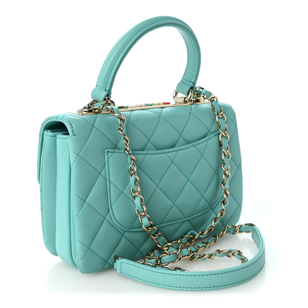 Lambskin Quilted Small Trendy CC Flap Dual Handle Bag Turquoise