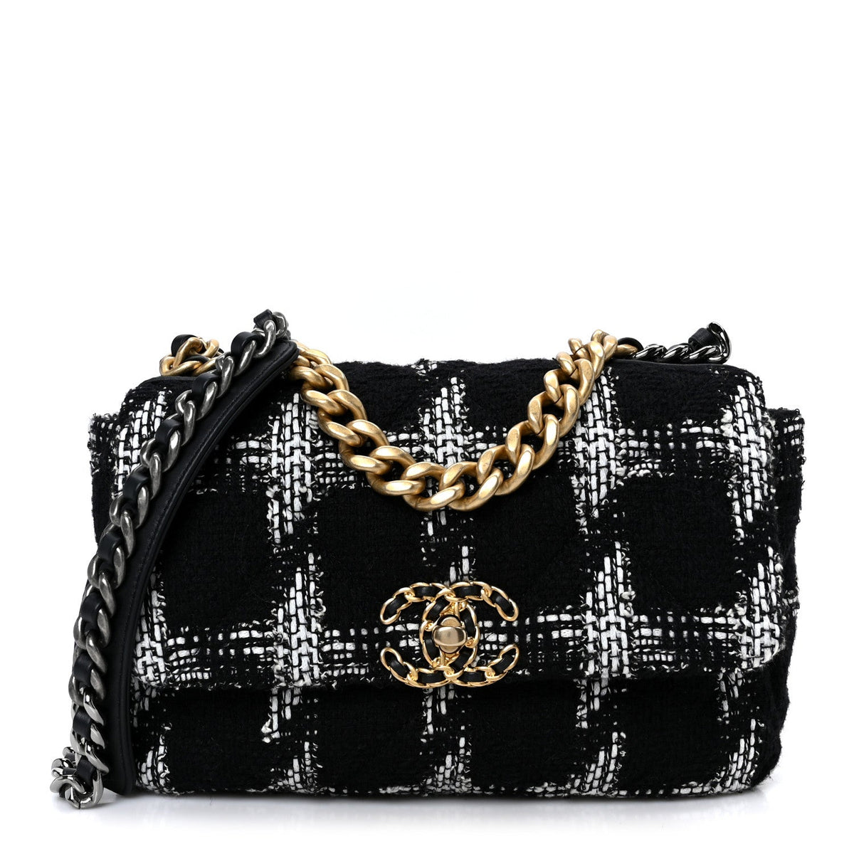 Tweed Quilted Medium Chanel 19 Flap Black White