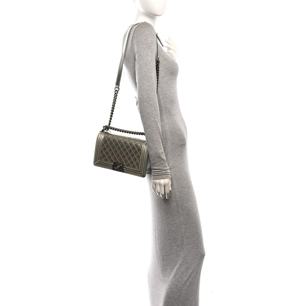 Metallic Patent Calfskin Quilted Medium Boy Flap Silver