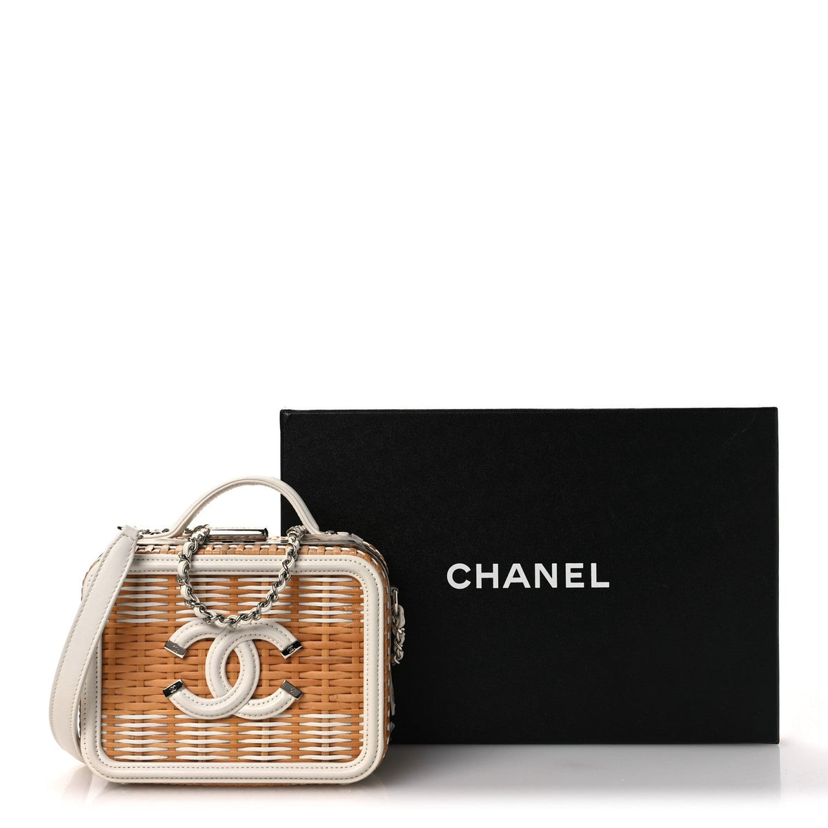 Raffia Calfskin Small CC Filigree Vanity Case White