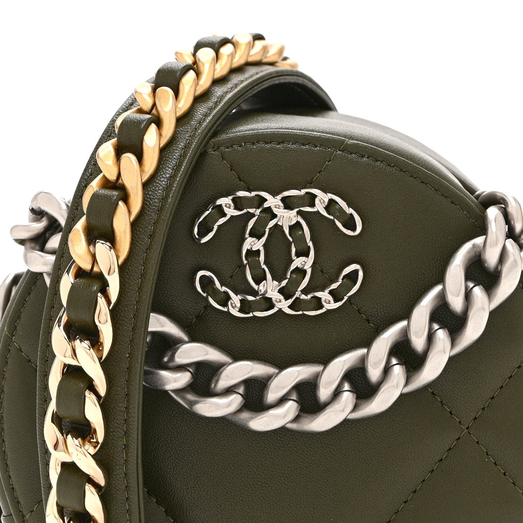 Lambskin Quilted Chanel 19 Round Clutch With Chain Green