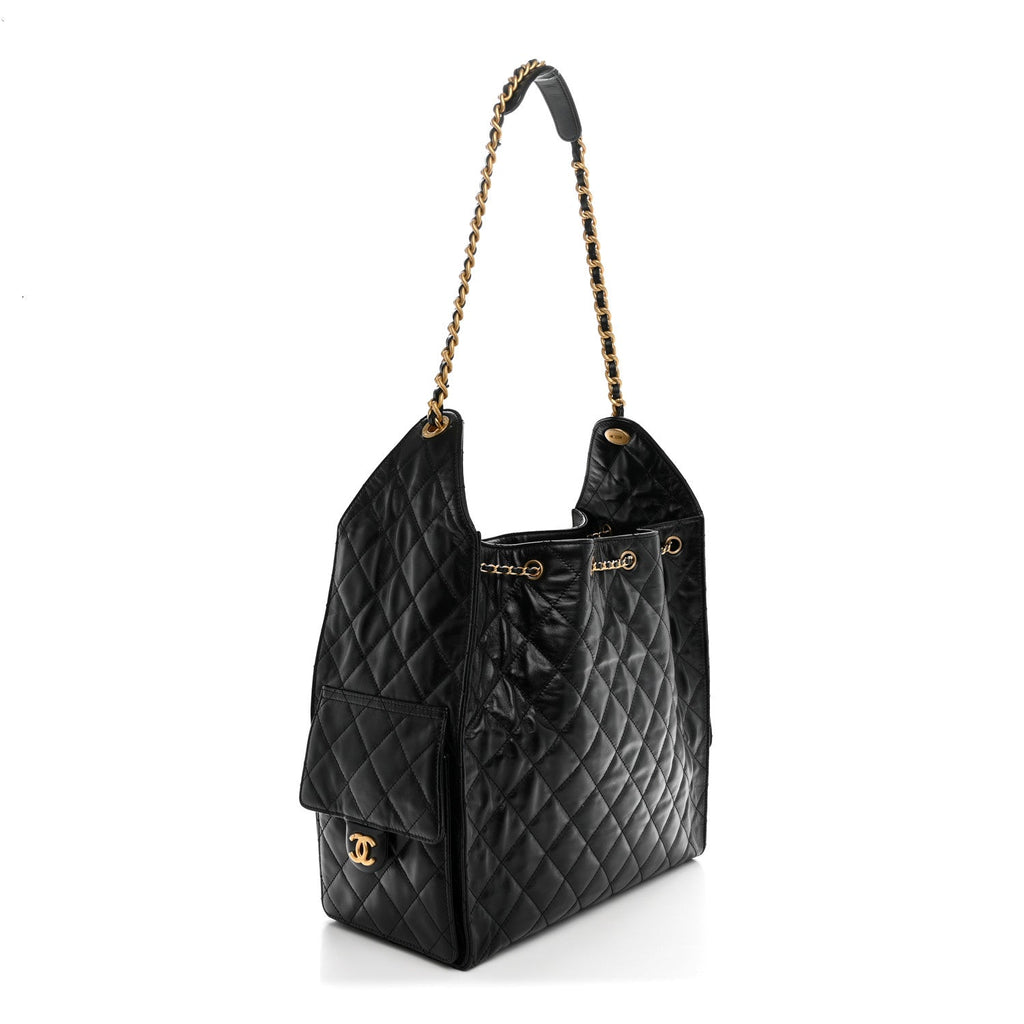 Shiny Crumpled Calfskin Quilted Medium Chanel 25 Handbag Black