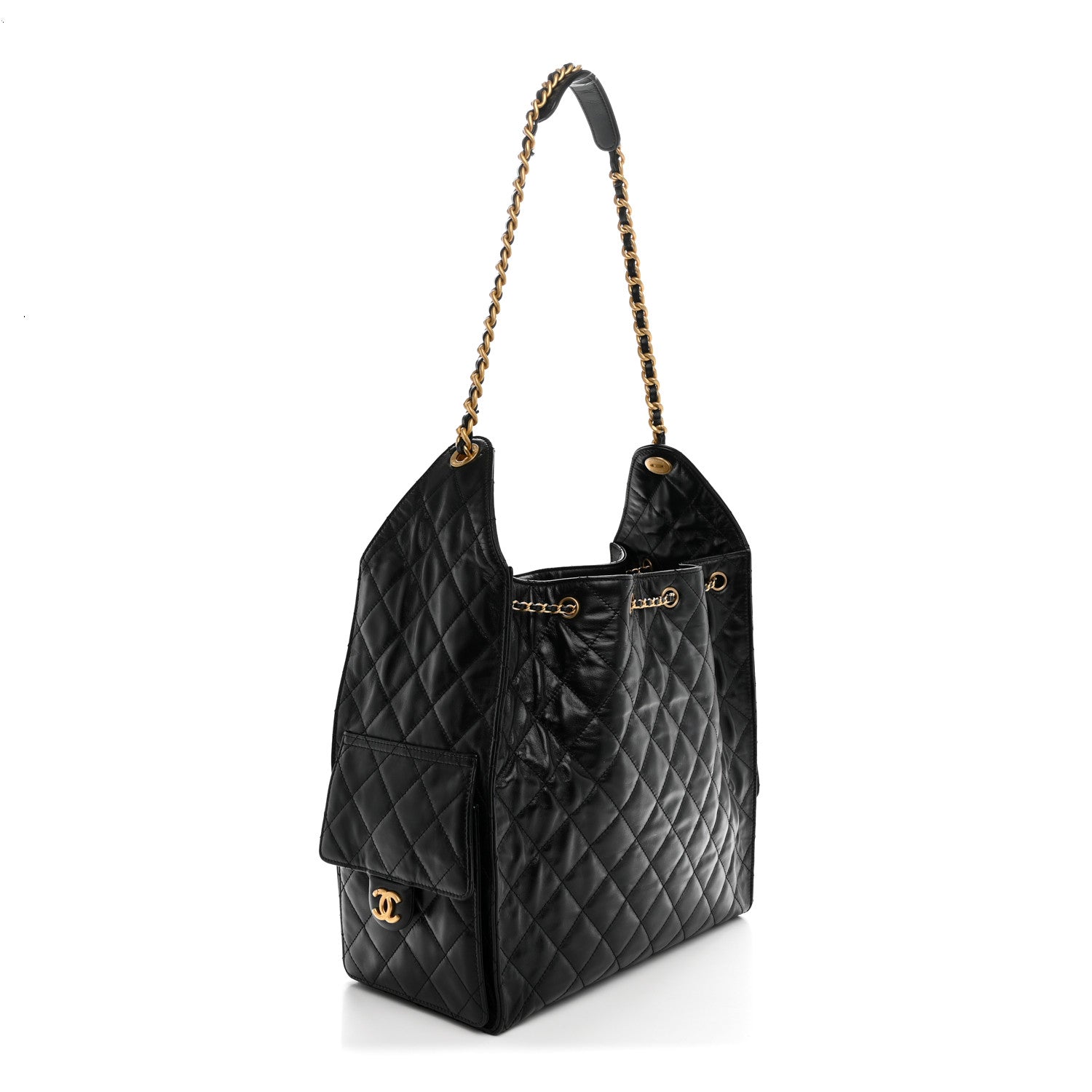 Shiny Crumpled Calfskin Quilted Medium Chanel 25 Handbag Black