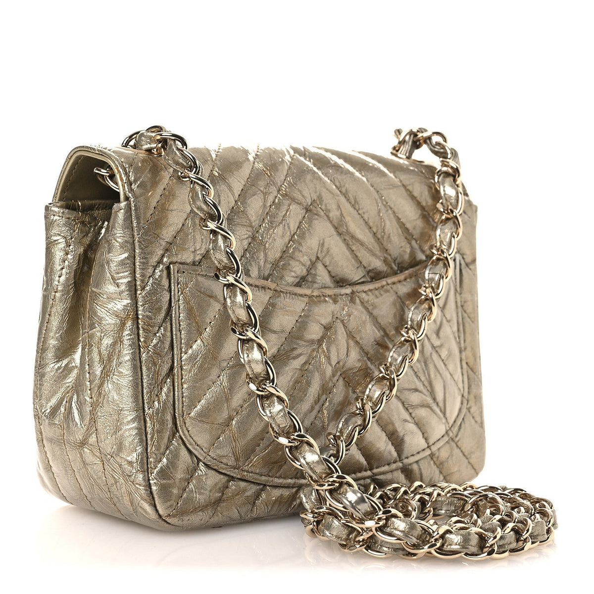 Metallic Crumpled Calfskin Chevron Quilted Mini Square Flap Gold