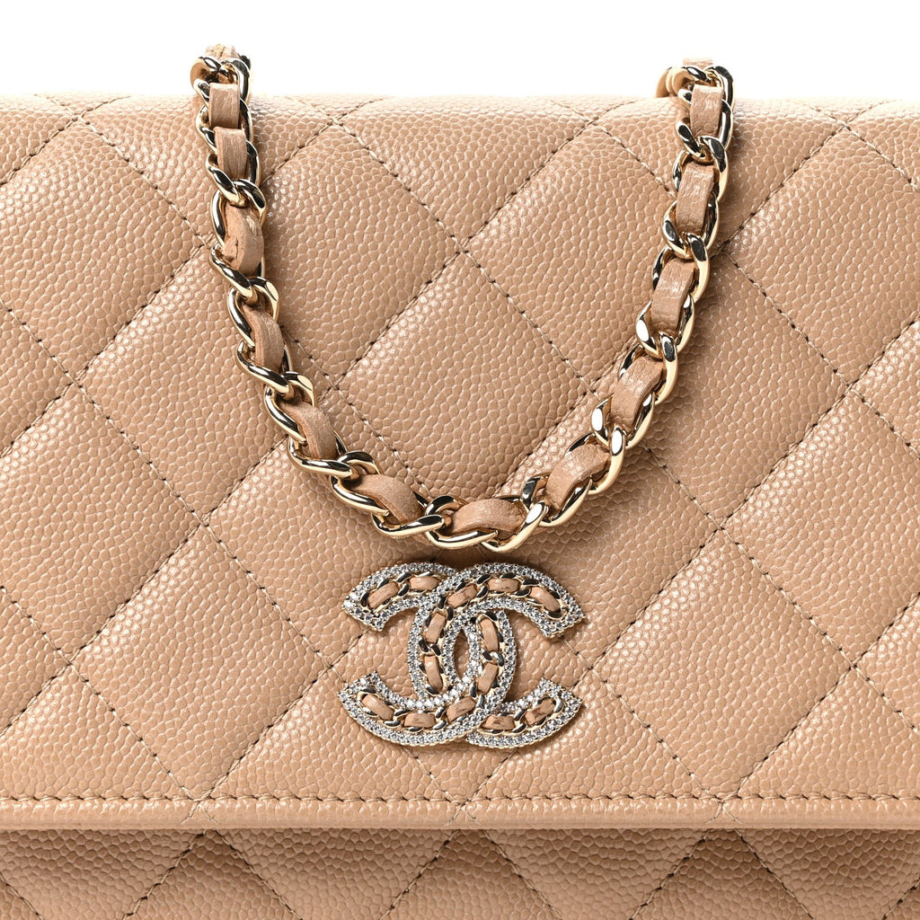 Caviar Quilted Crystal CC Wallet On Chain WOC Beige