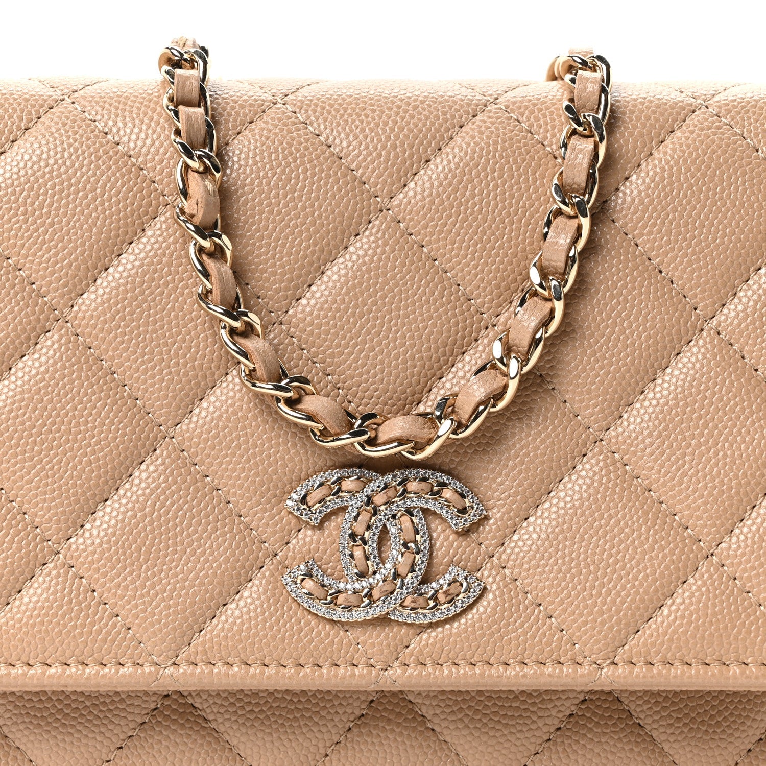 Caviar Quilted Crystal CC Wallet On Chain WOC Beige
