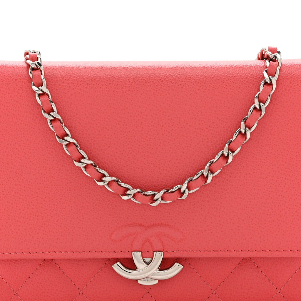 Grained Calfskin Quilted CC Box Wallet On Chain WOC Pink