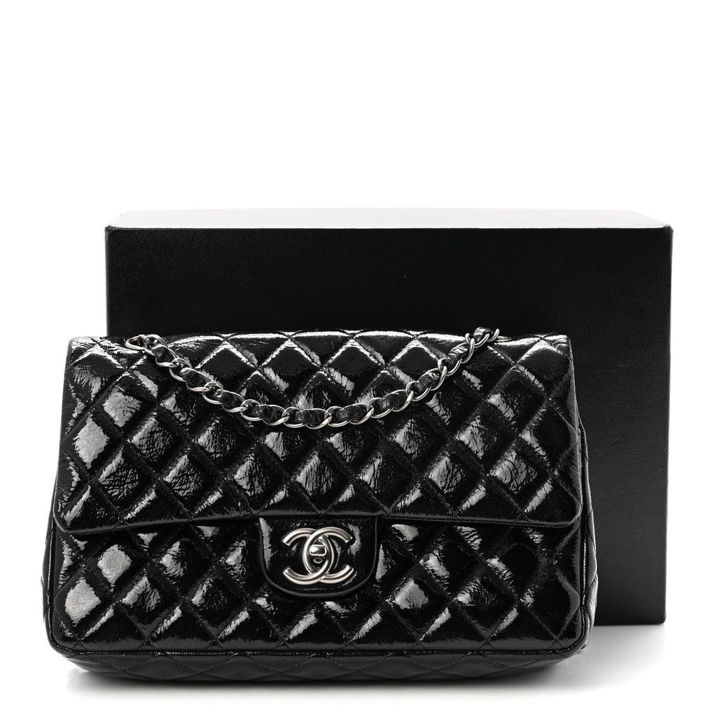 Crumpled Patent Quilted Medium Double Flap Black