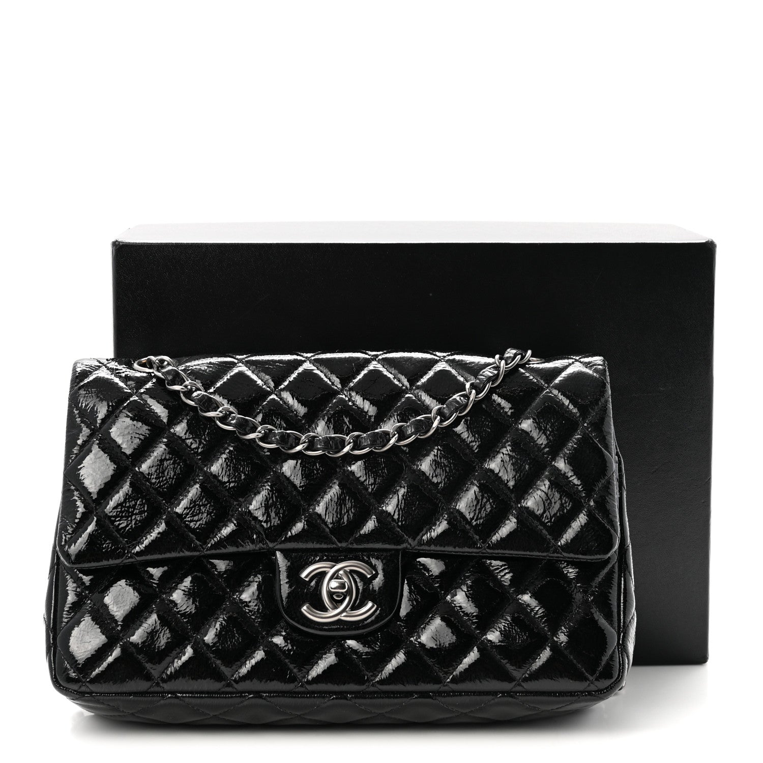 Crumpled Patent Quilted Medium Double Flap Black