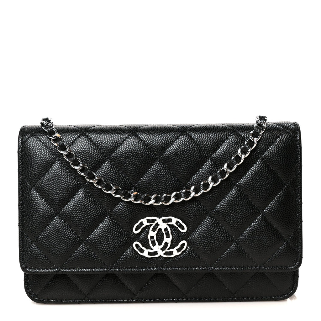 Caviar Quilted Chanel 19 Wallet On Chain WOC Black White