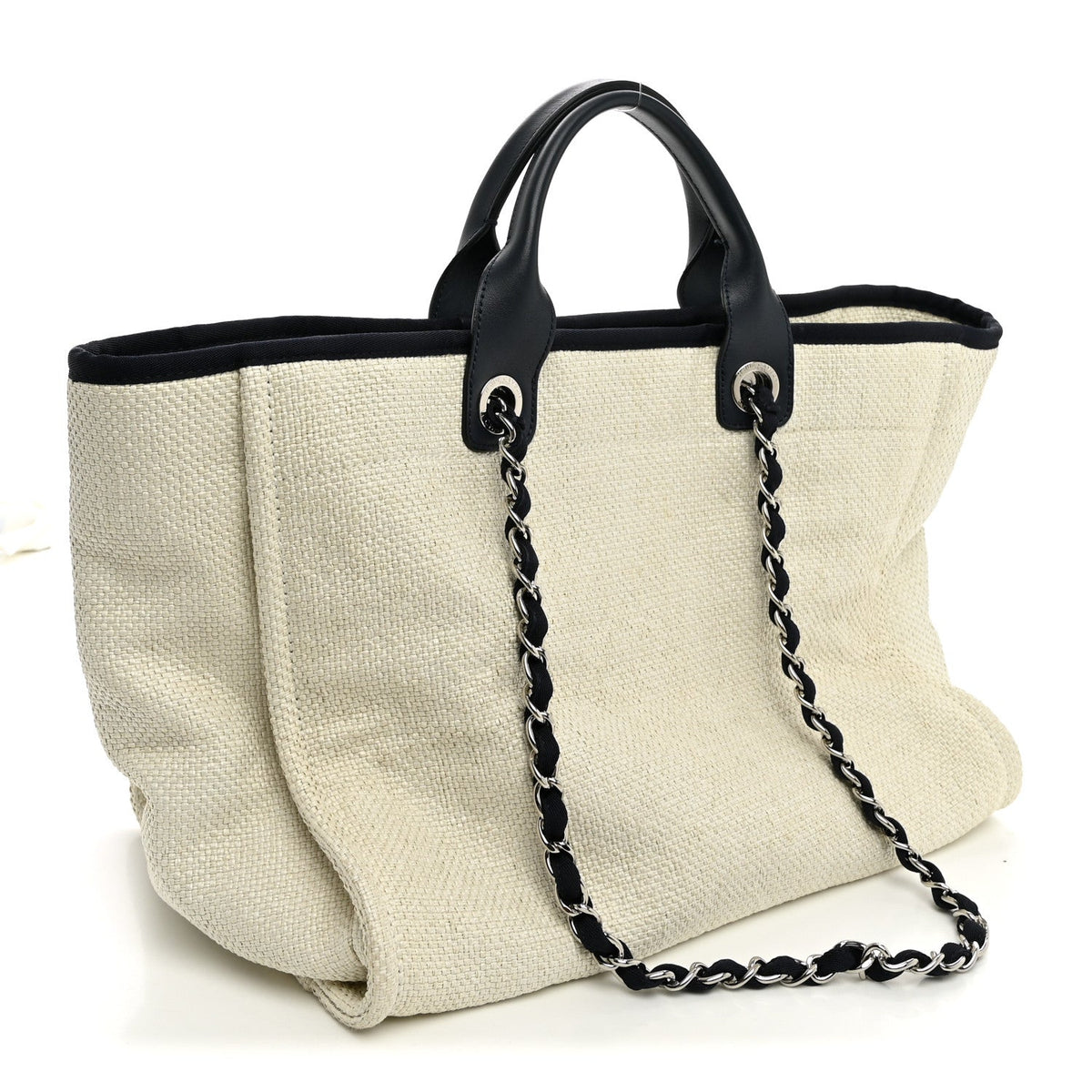 Woven Straw Raffia Medium Deauville Tote White Navy