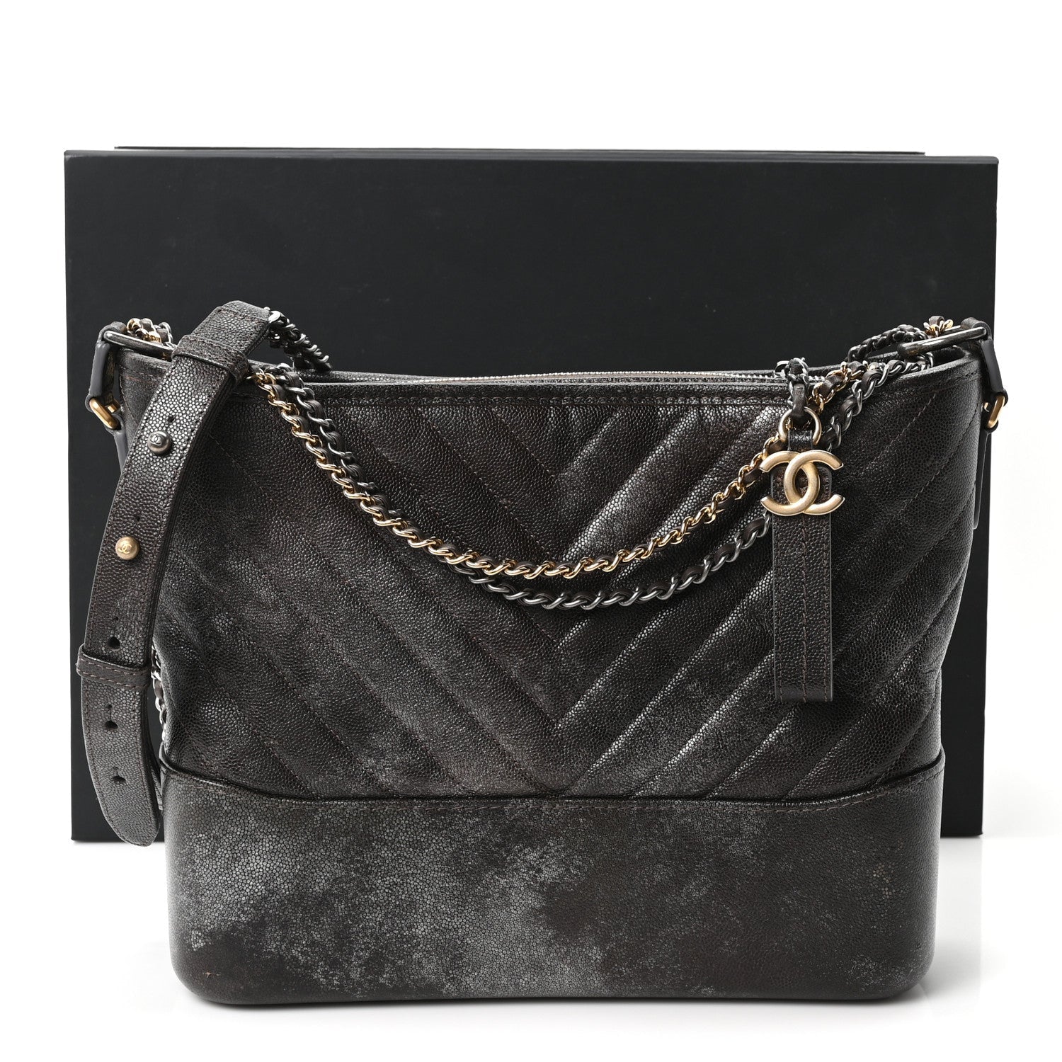 Metallic Caviar Chevron Quilted Medium Gabrielle Hobo Dark Silver Gold
