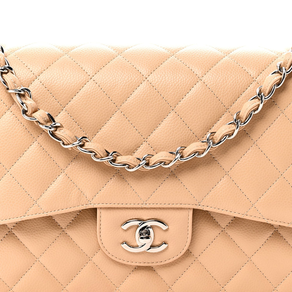 Caviar Quilted Jumbo Double Flap Beige
