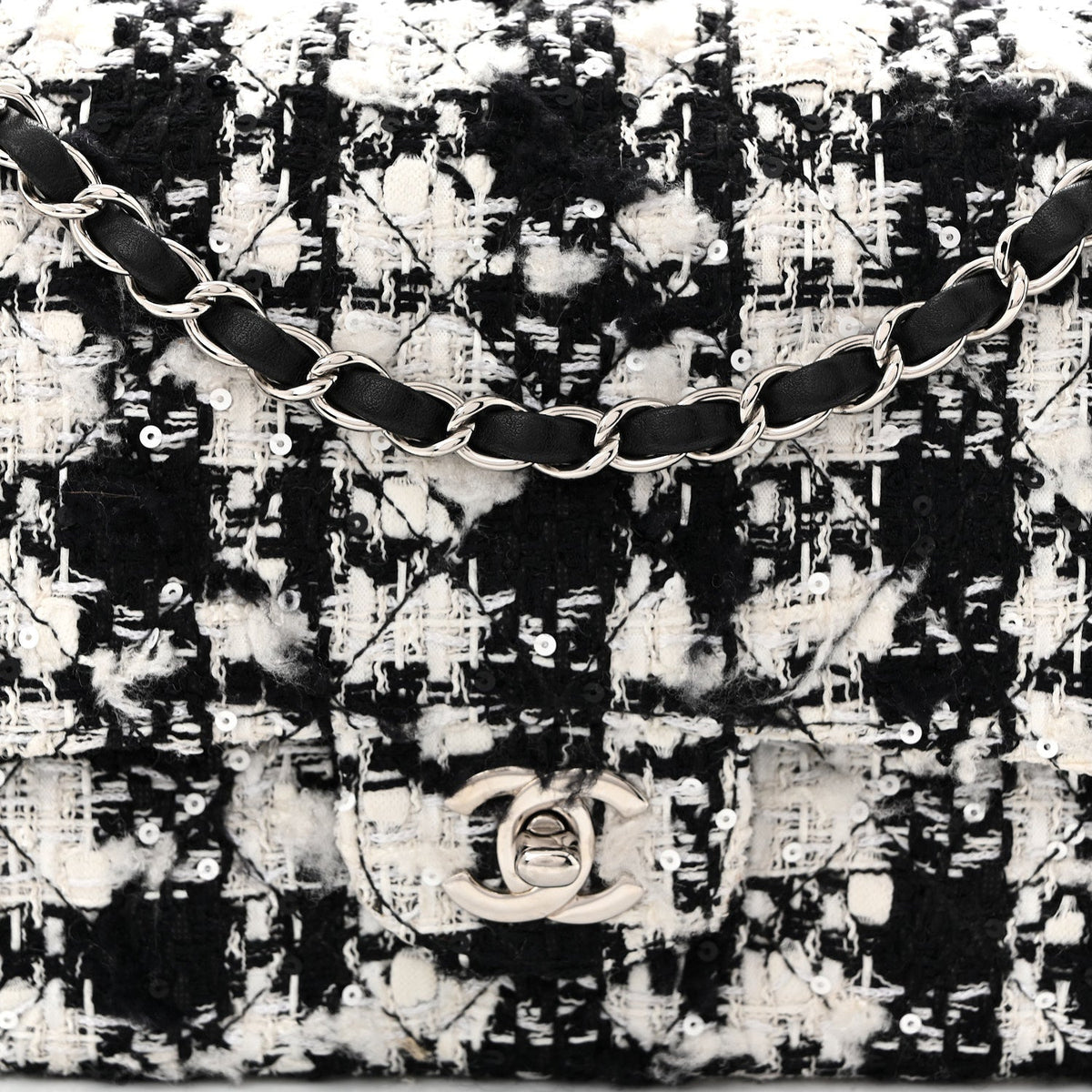 Tweed Sequin Quilted Medium Double Flap Black White