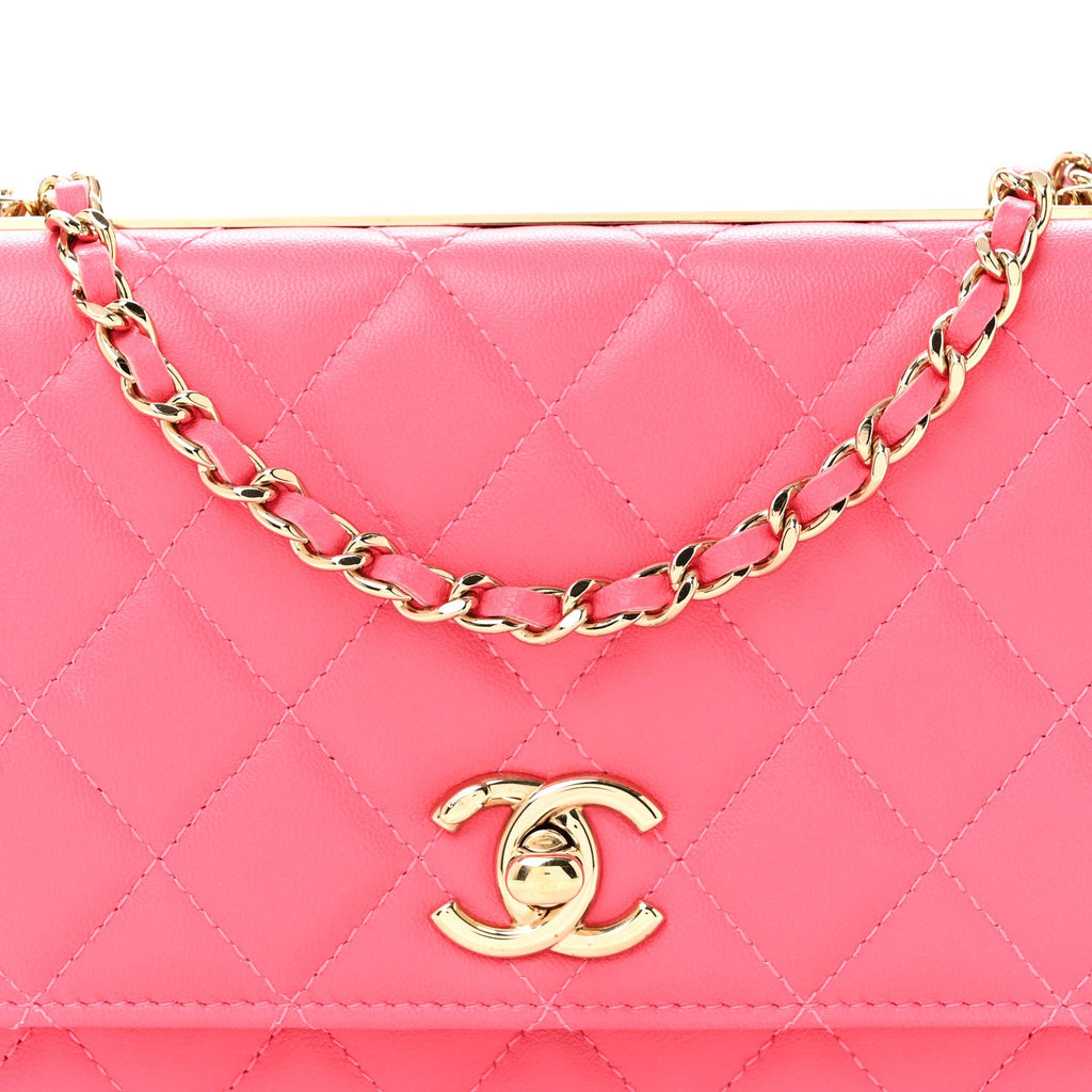 Lambskin Quilted Trendy CC Wallet On Chain WOC Pink