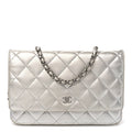 Metallic Lambskin Quilted Wallet On Chain WOC Silver