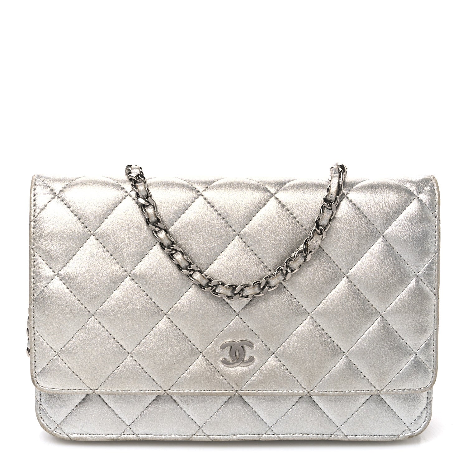 Metallic Lambskin Quilted Wallet On Chain WOC Silver