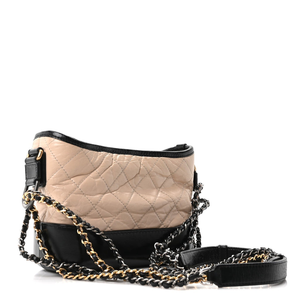 Aged Calfskin Quilted Small Gabrielle Hobo Beige Black