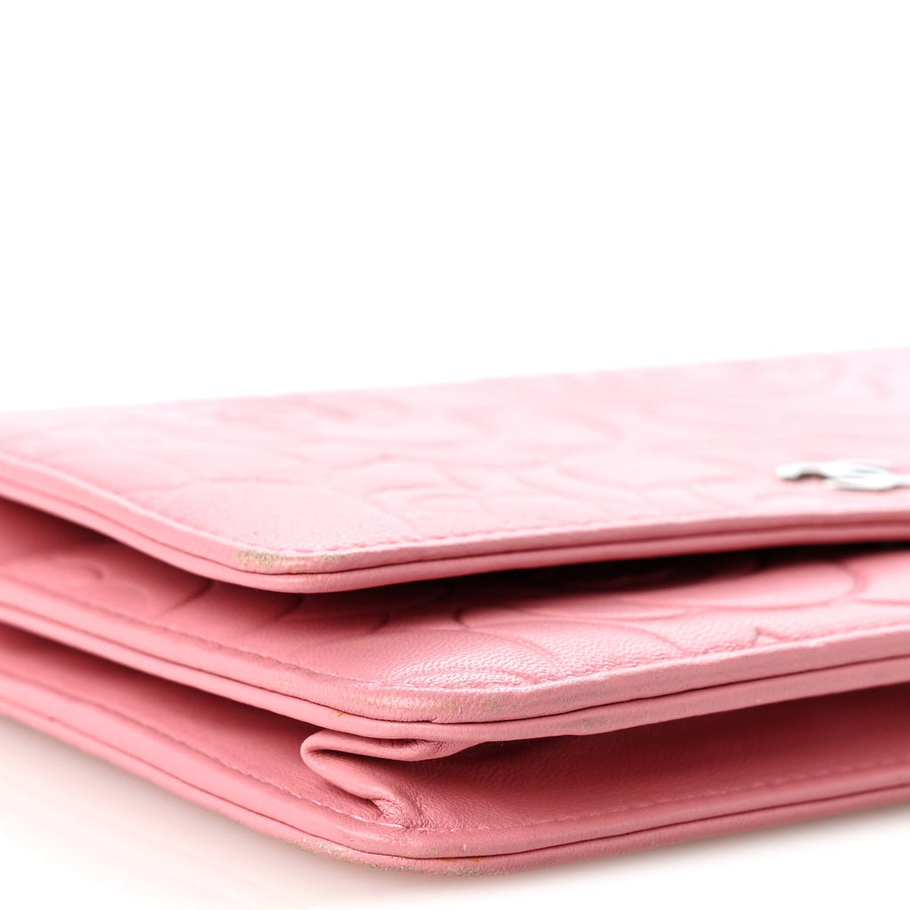 Lambskin Camellia Embossed Wallet on Chain WOC Pink
