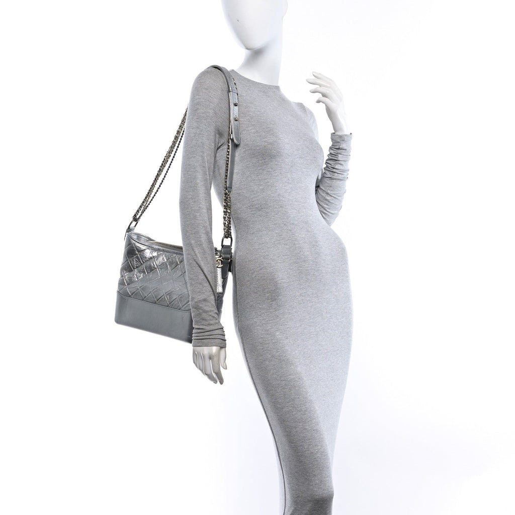 Metallic Aged Calfskin Quilted Medium Gabrielle Silver