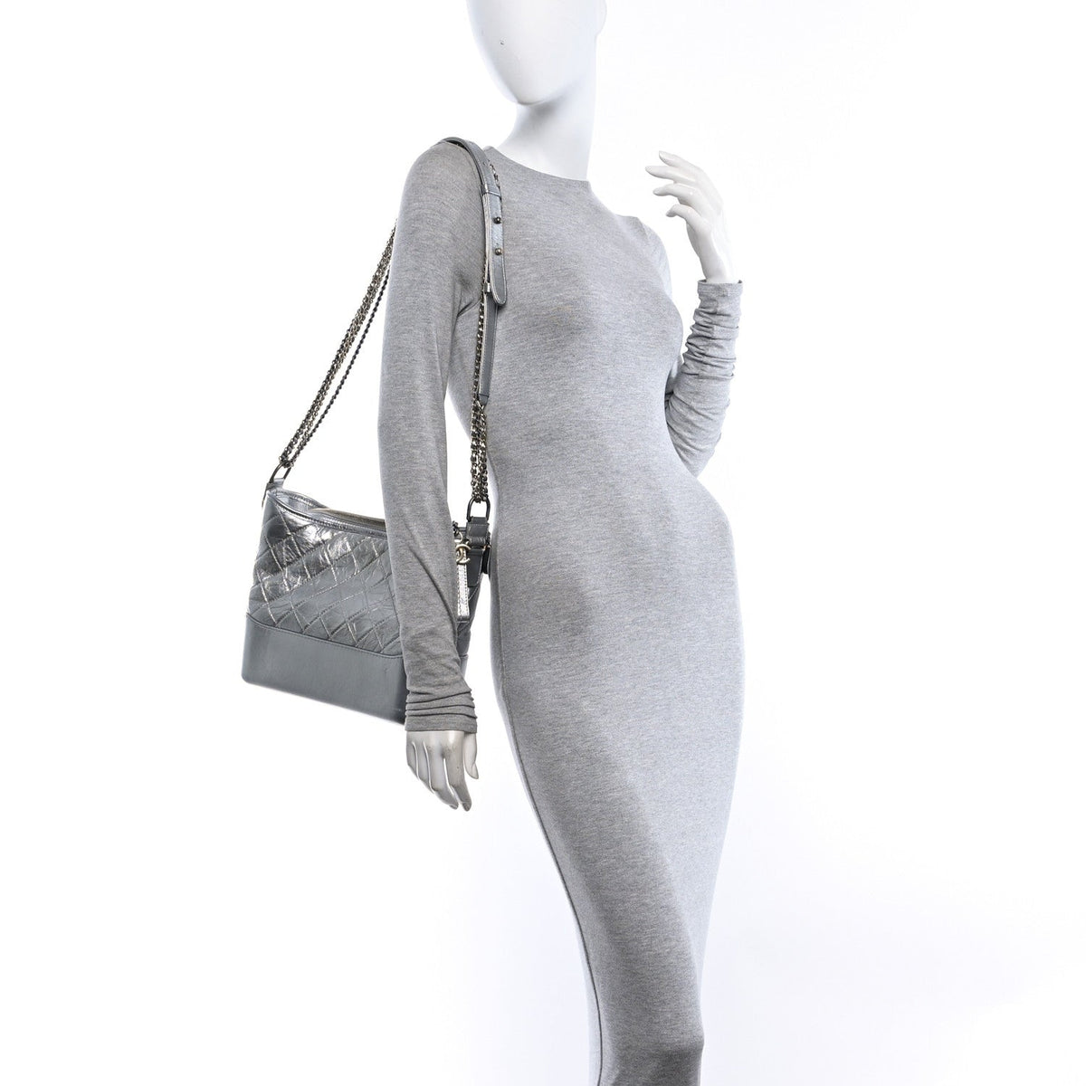 Metallic Aged Calfskin Quilted Medium Gabrielle Silver