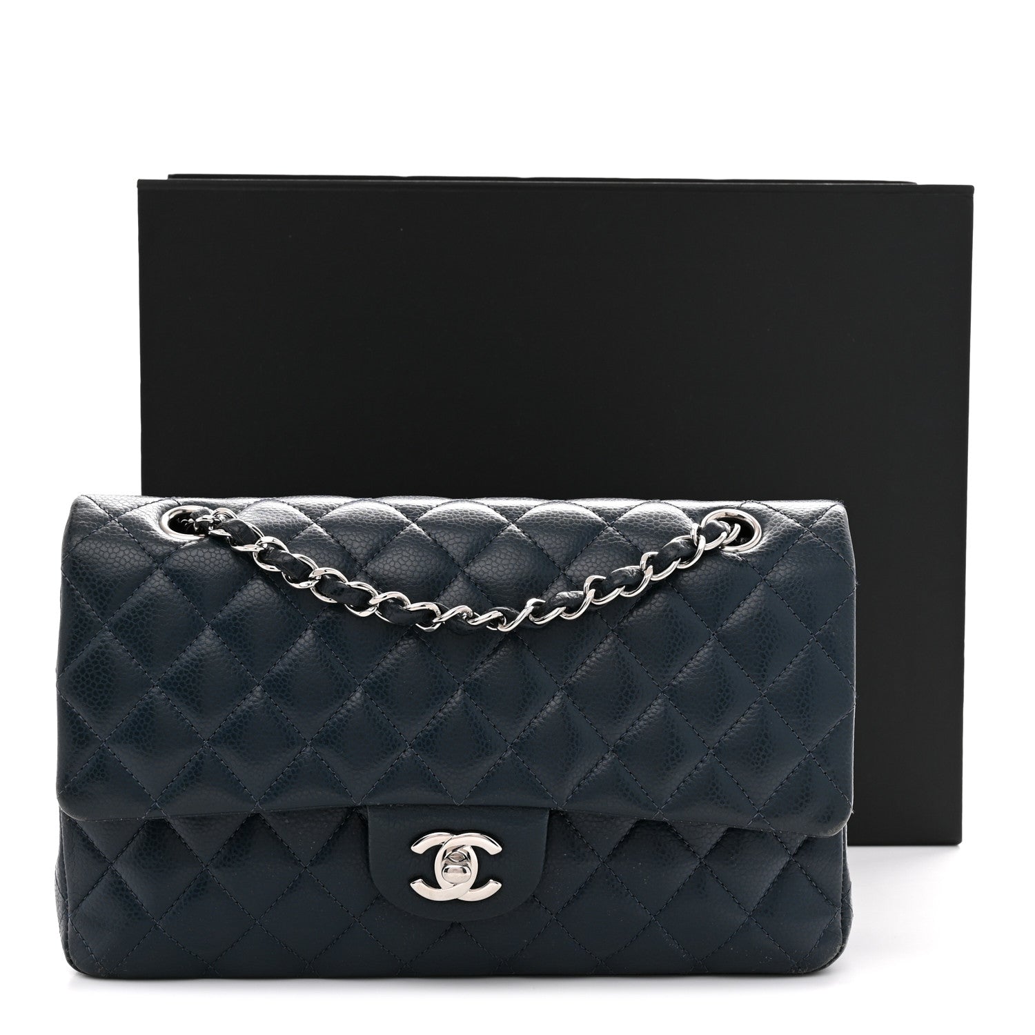Caviar Quilted Medium Double Flap Navy