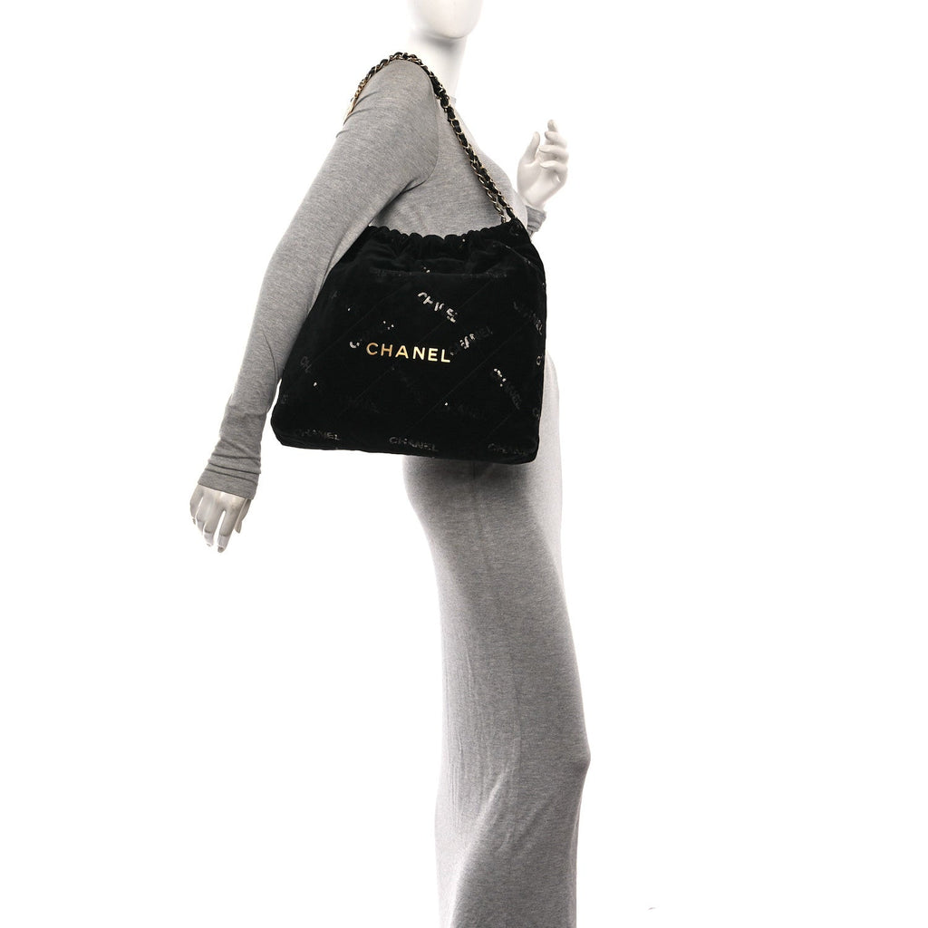 Velvet Sequin Quilted Chanel 22 Black
