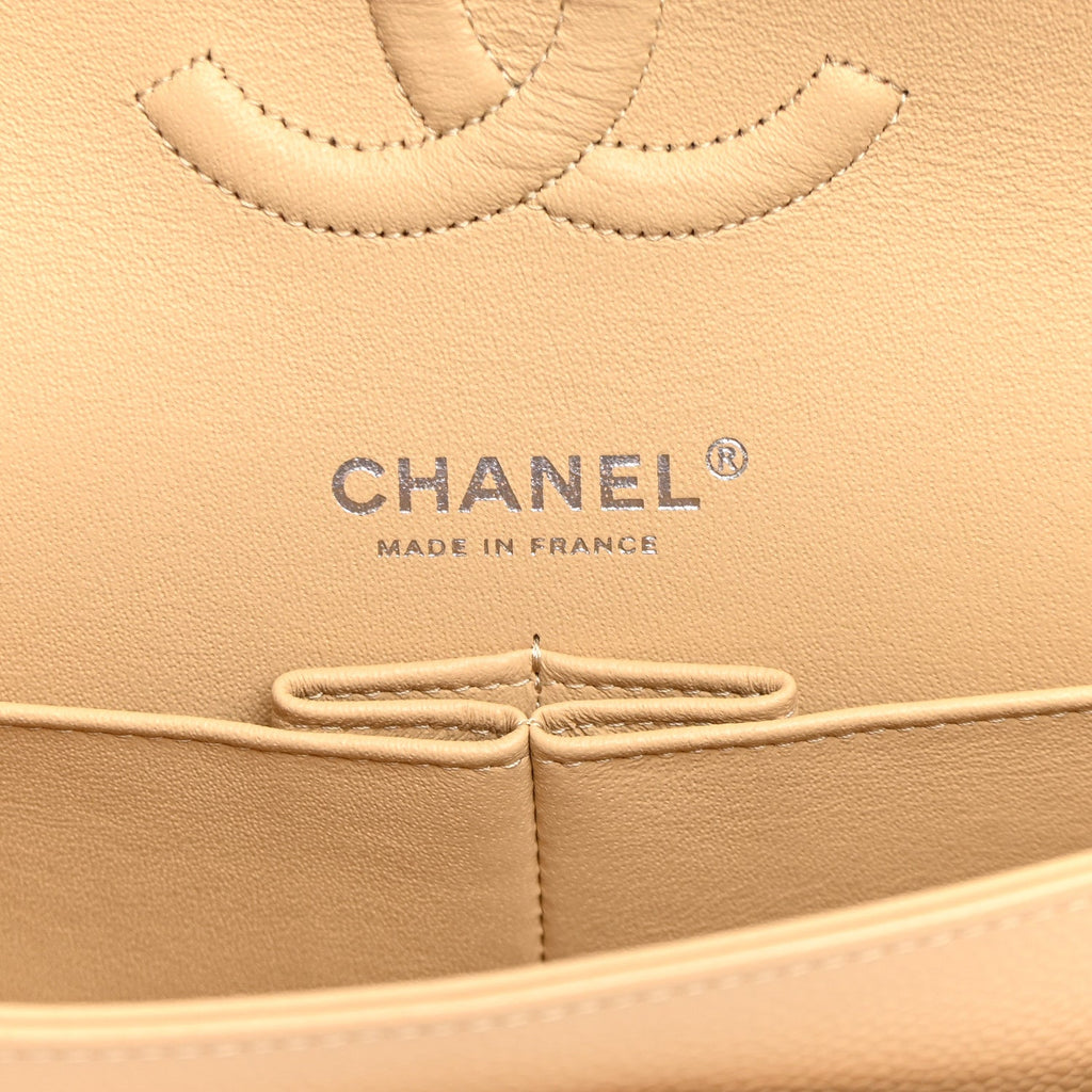 Caviar Quilted Medium Double Flap Beige