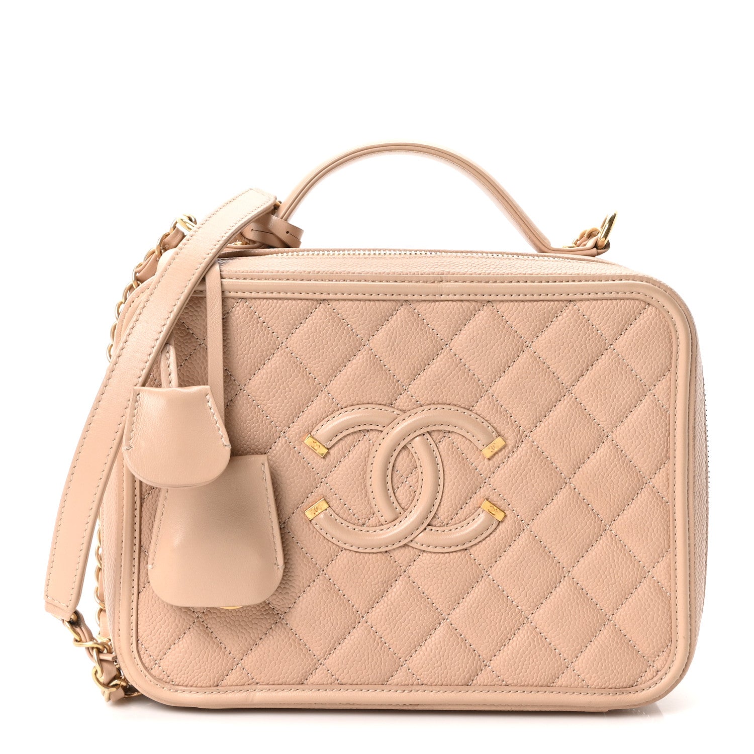 Caviar Quilted Large CC Filigree Vanity Case Beige