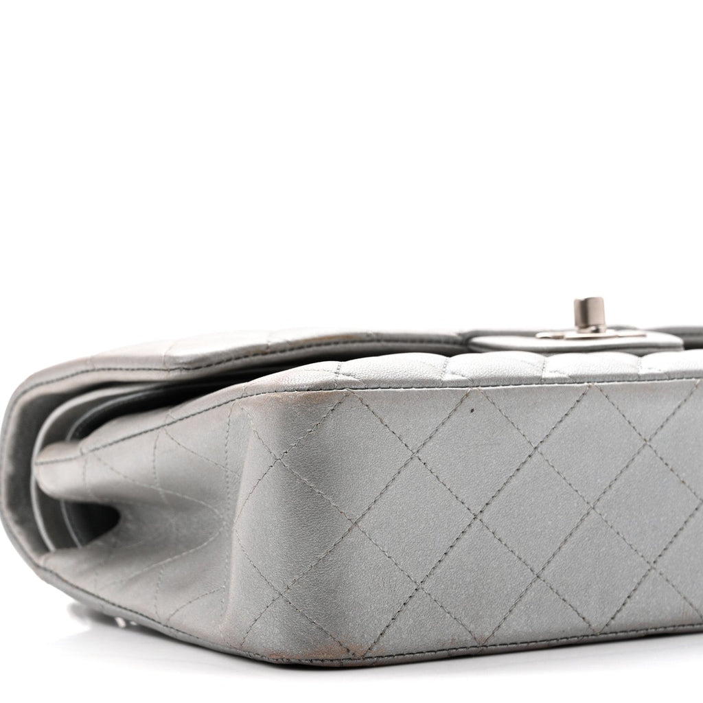 Metallic Lambskin Quilted Medium Double Flap Silver