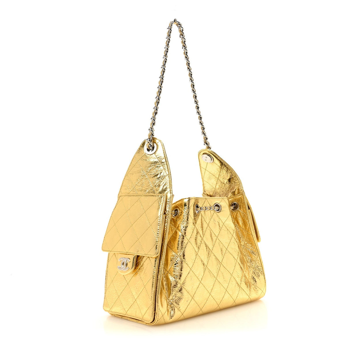 Metallic Aged Calfskin Quilted Small Chanel 25 Handbag Gold