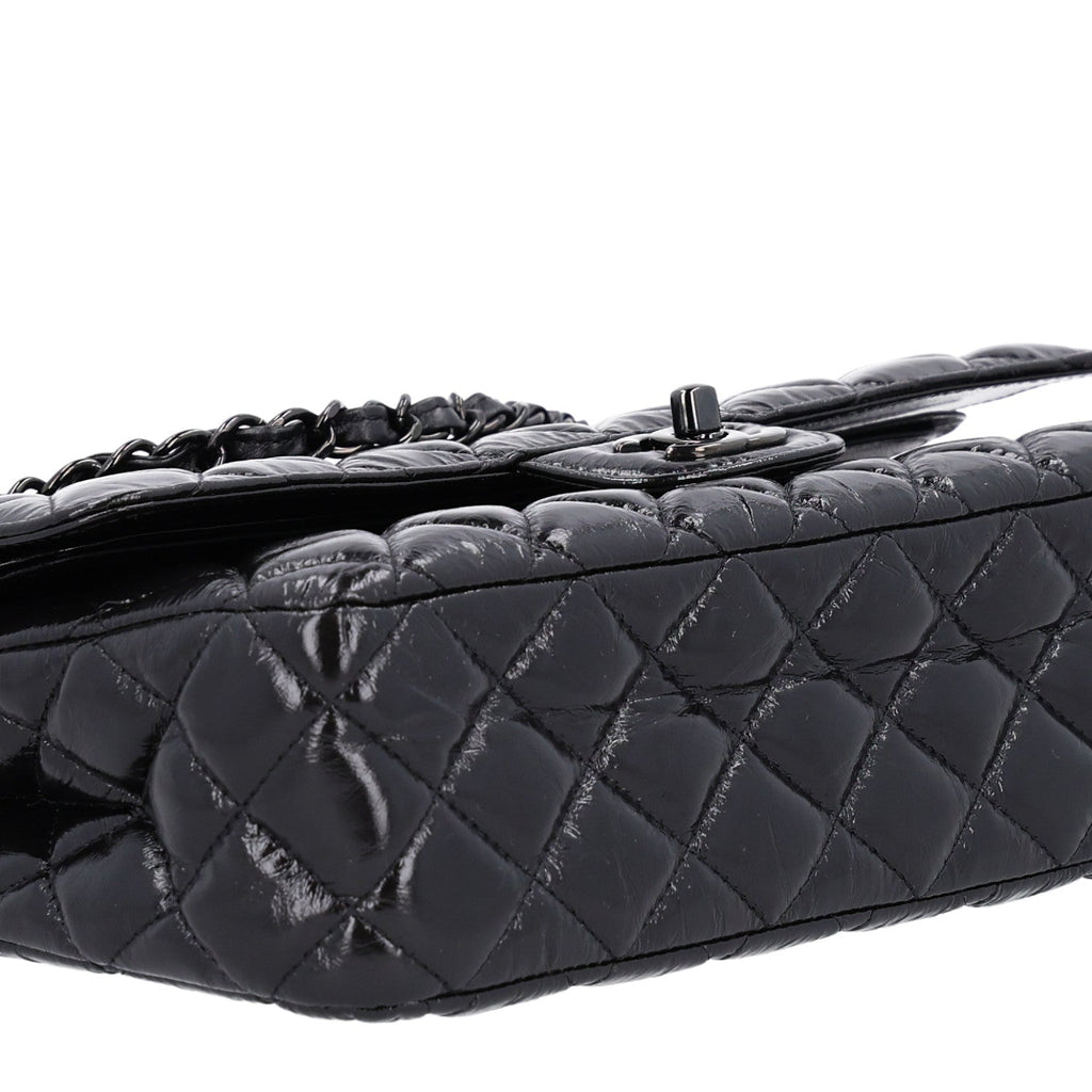 Shiny Crumpled Calfskin Quilted Medium Double Flap So Black