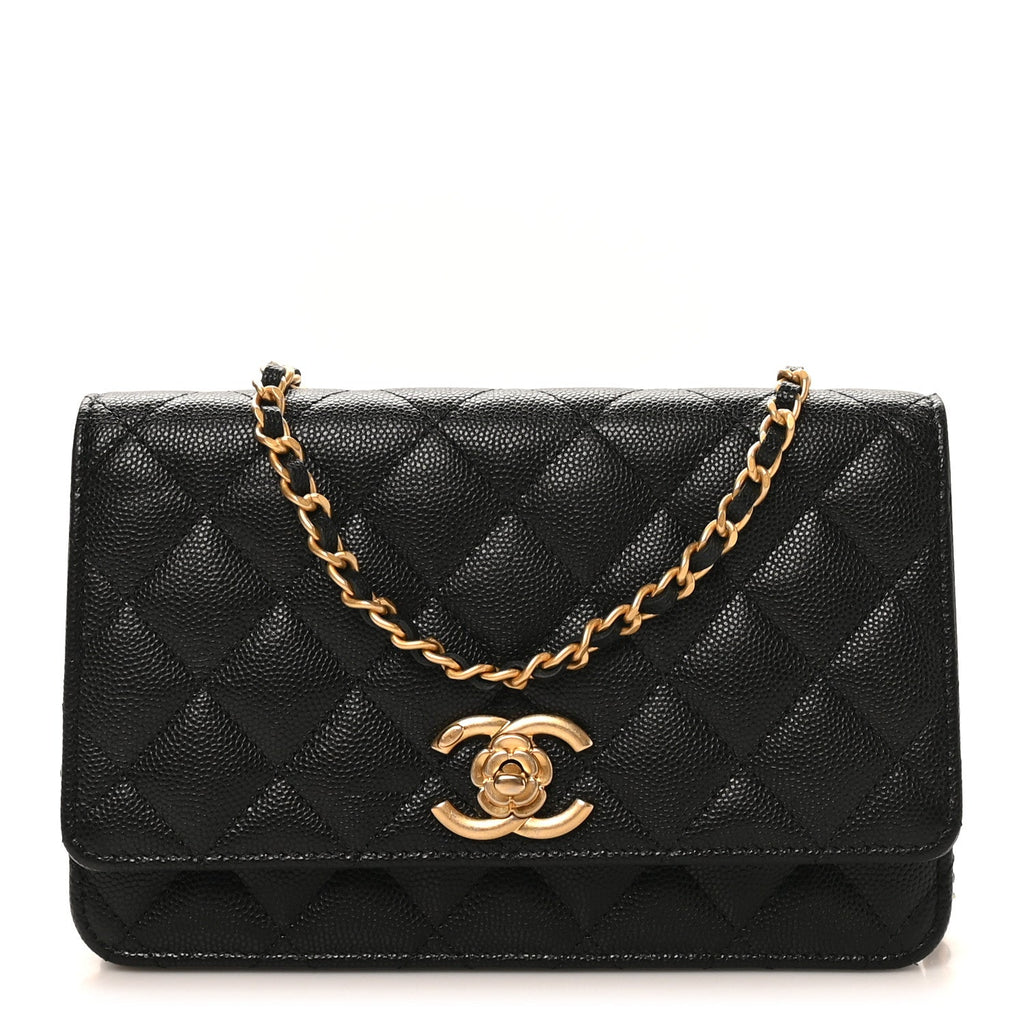 Caviar Quilted Camellia Wallet On Chain WOC Black