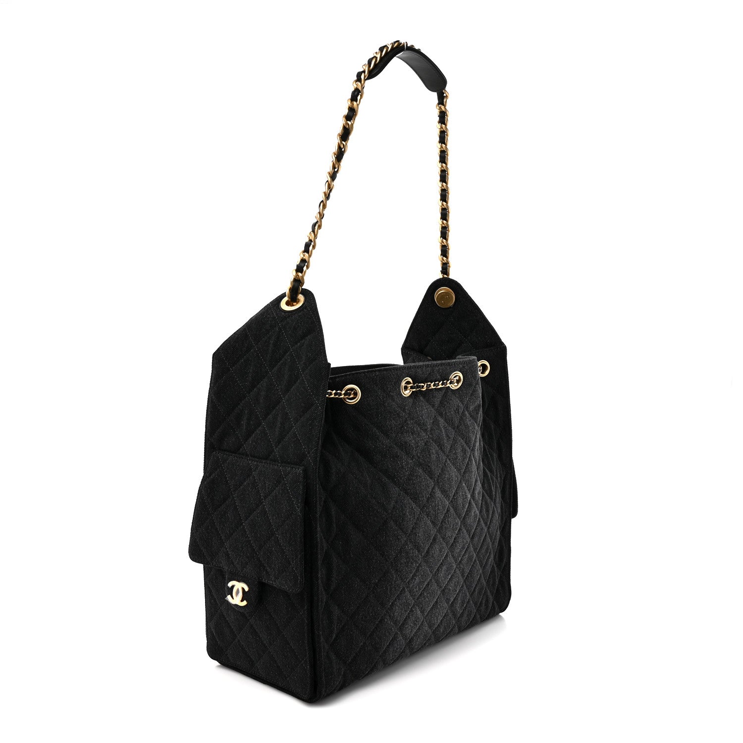 Washed Denim Quilted Medium Chanel 25 Handbag Black