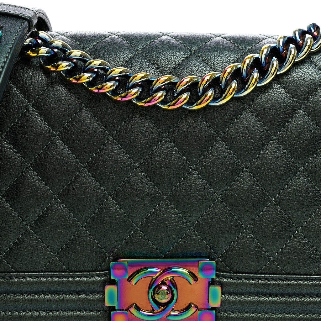 Iridescent Goatskin Quilted Medium Boy Flap Green