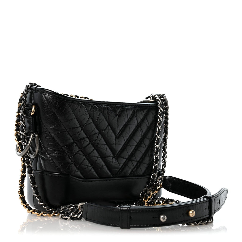 Aged Calfskin Chevron Quilted Small Gabrielle Hobo Black