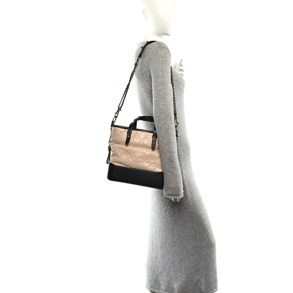 Aged Calfskin Quilted Medium Gabrielle Shopping Tote Beige Black