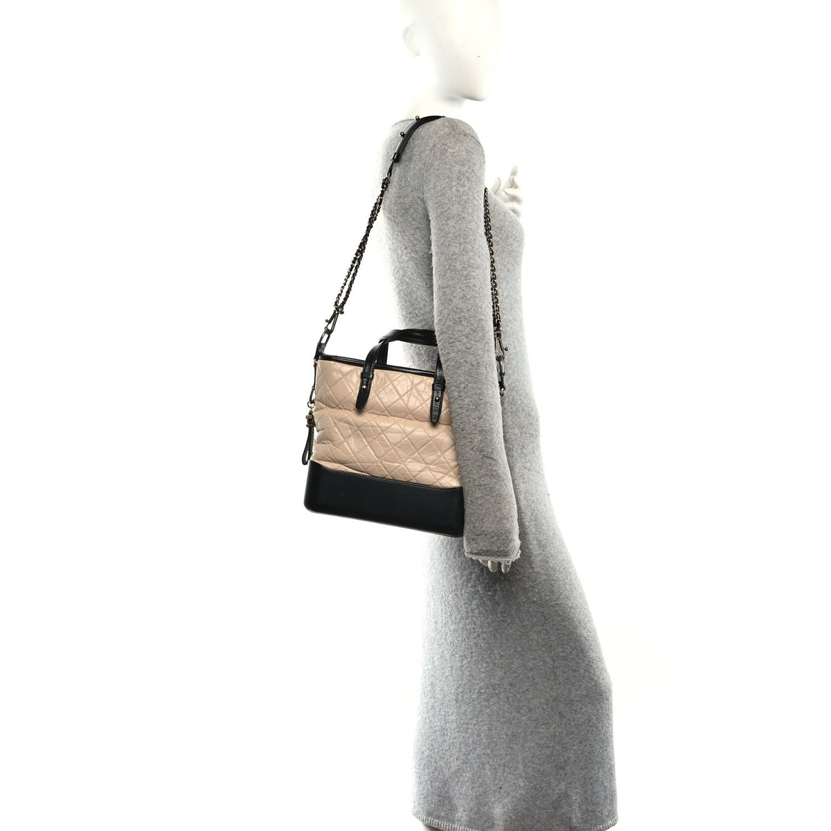 Aged Calfskin Quilted Medium Gabrielle Shopping Tote Beige Black