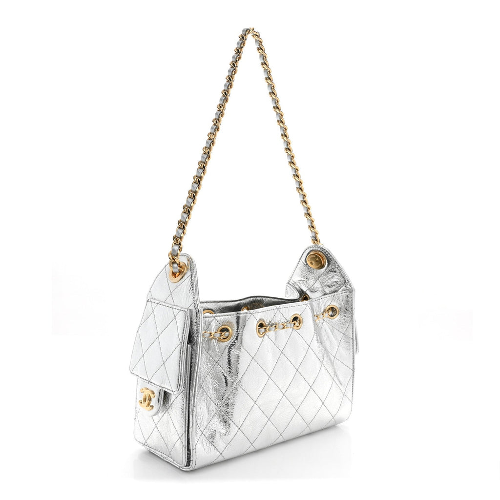 Metallic Aged Calfskin Quilted Mini Chanel 25 Handbag Silver