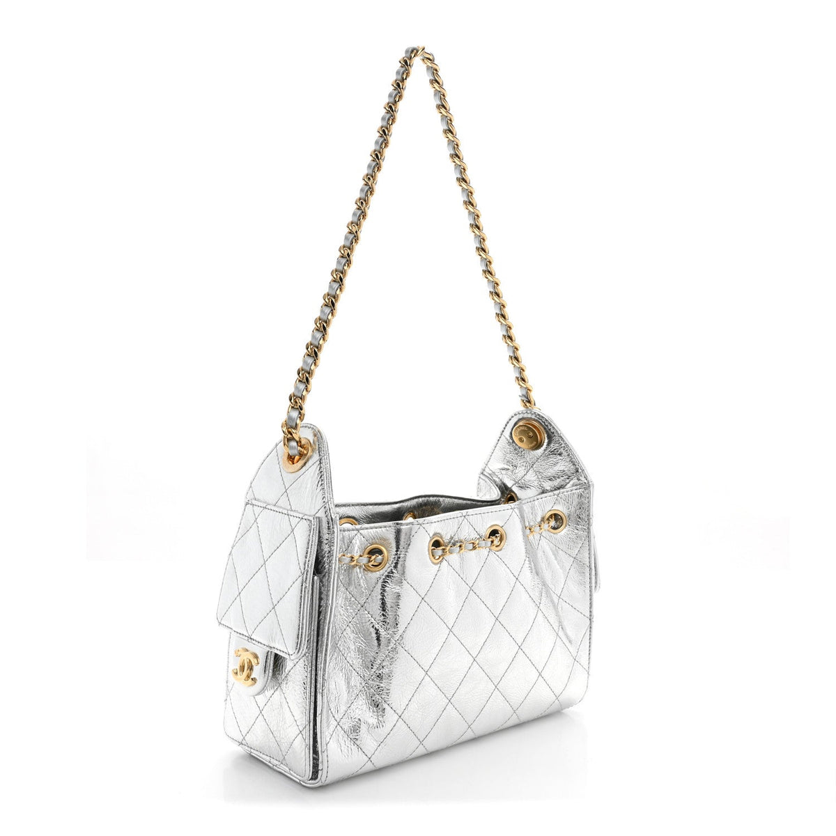 Metallic Aged Calfskin Quilted Mini Chanel 25 Handbag Silver