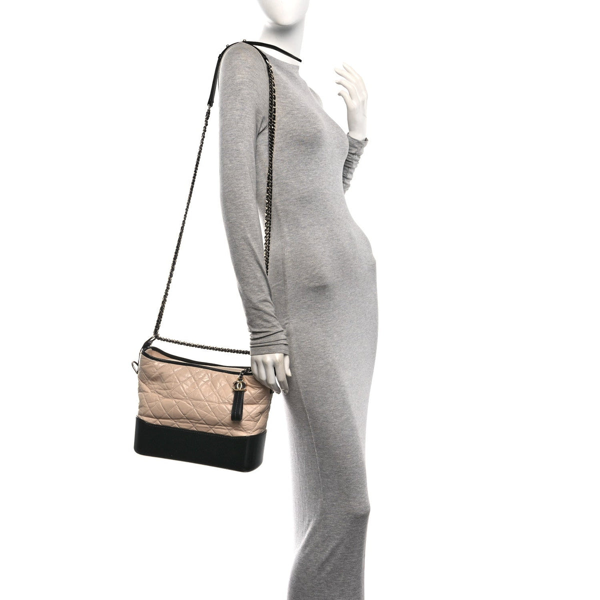 Aged Calfskin Quilted Medium Gabrielle Hobo Beige Black