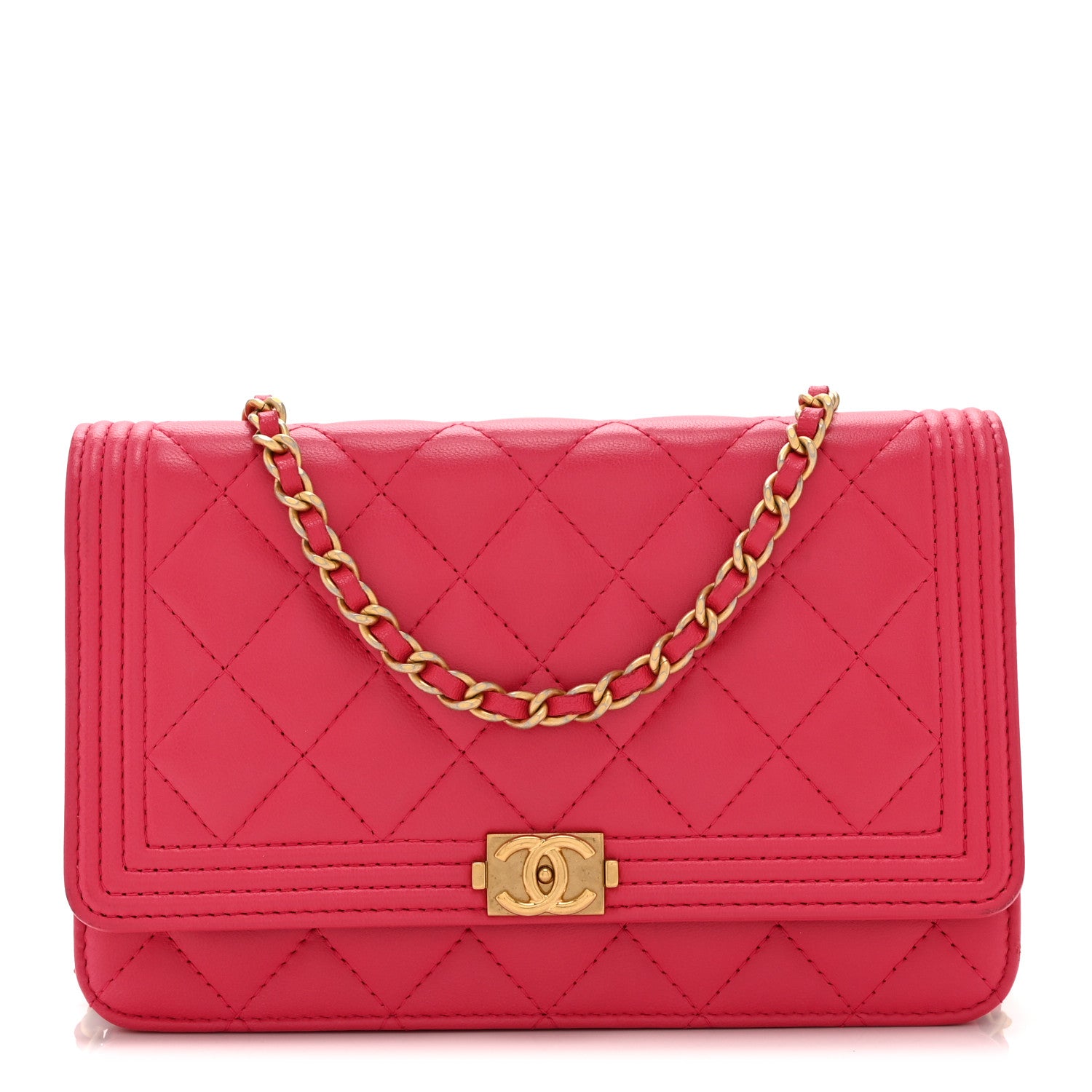 Lambskin Quilted Boy Wallet On Chain WOC Dark Pink