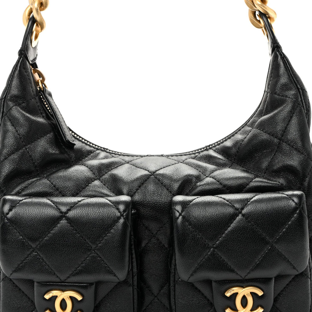 Shiny Lambskin Quilted Trendy Pockets Hobo Black