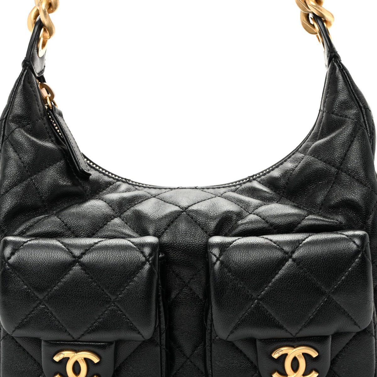 Shiny Lambskin Quilted Trendy Pockets Hobo Black