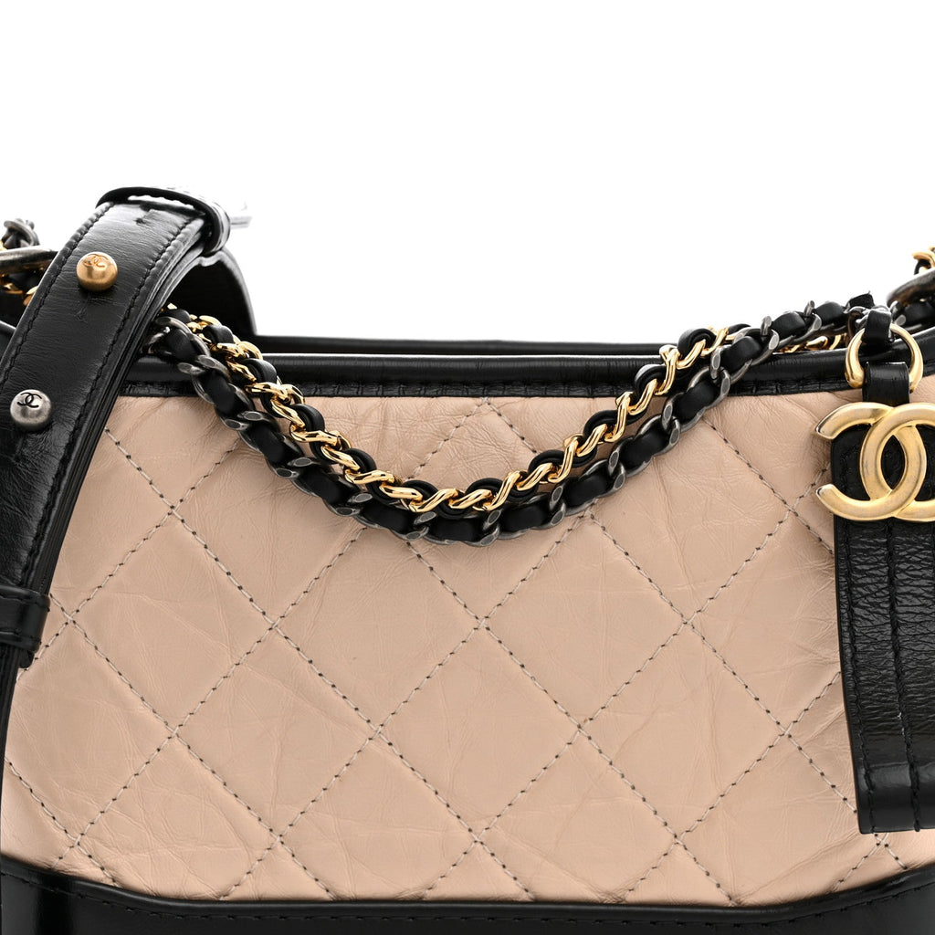 Aged Calfskin Quilted Small Gabrielle Hobo Beige Black