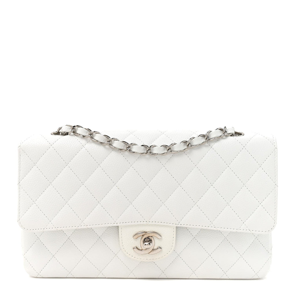 Caviar Quilted Medium Double Flap White